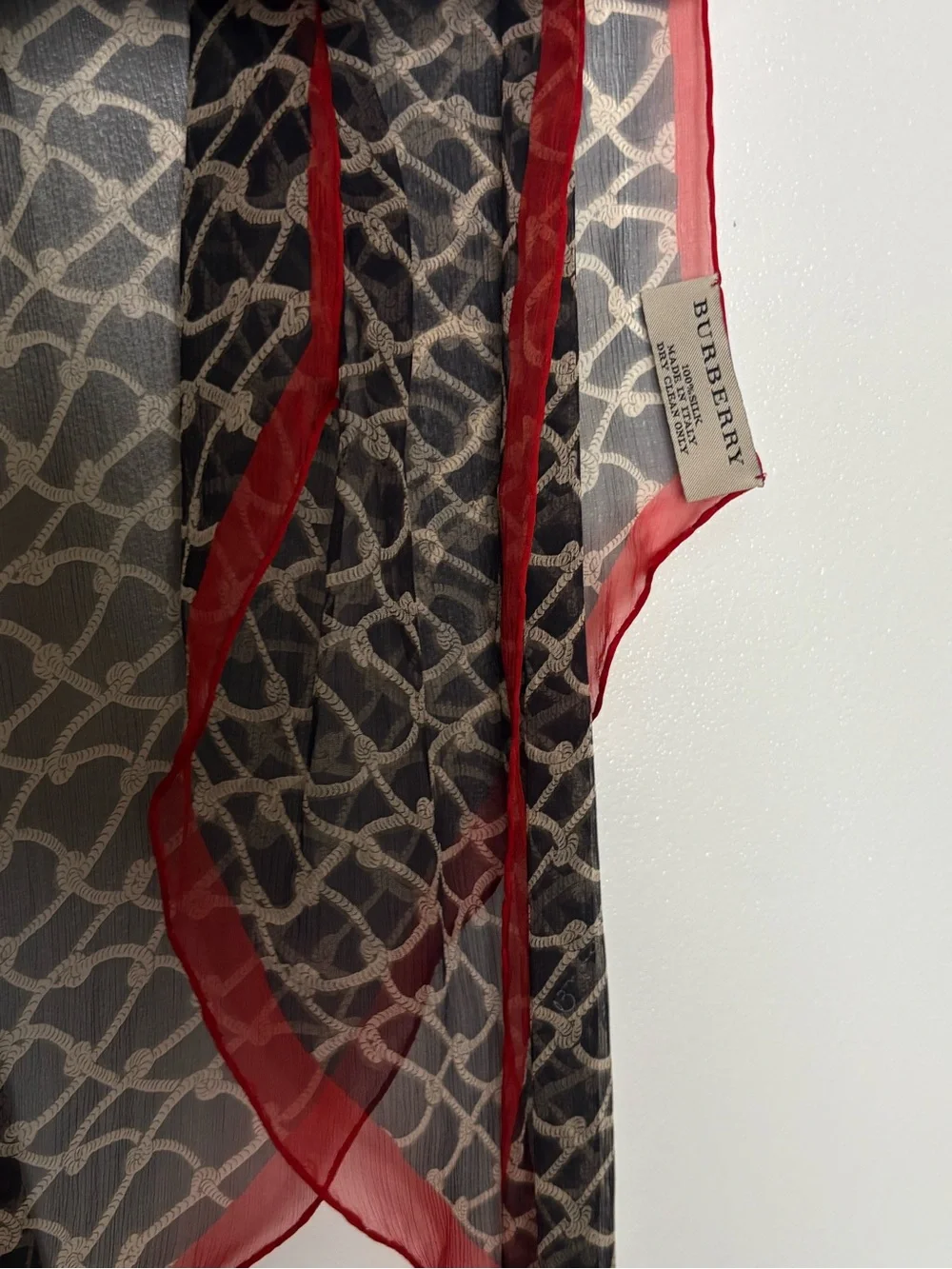Burberry Rope Check Silk Chiffon Skinny Scarf Twilly Red Black SS 2024 rare